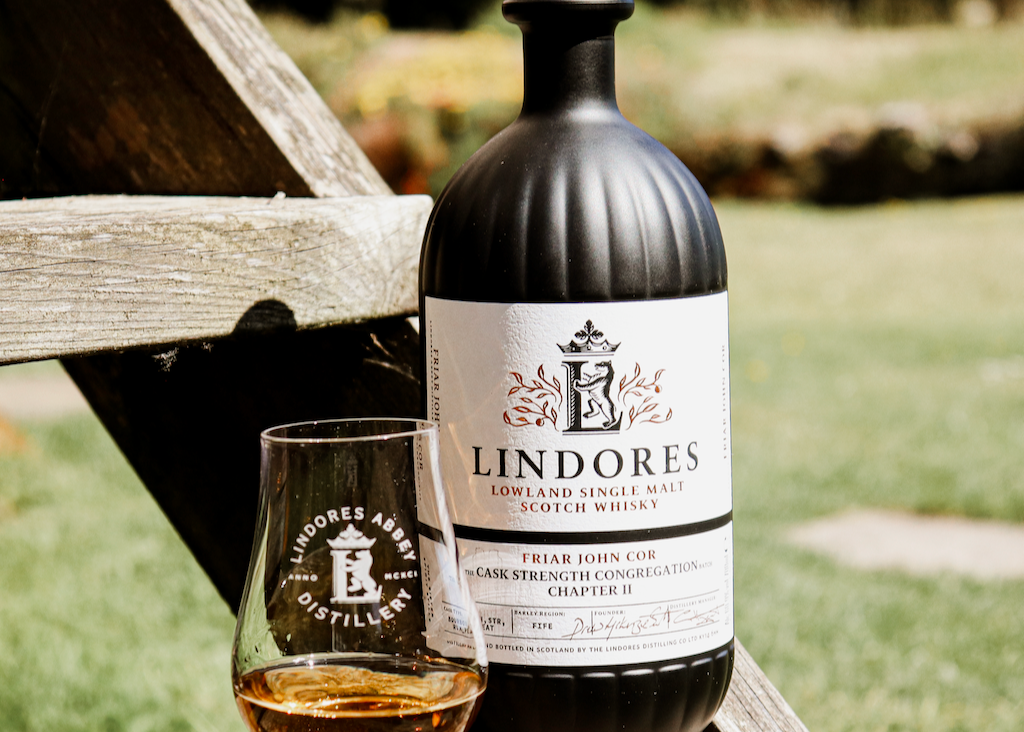 Bottle and glass of Lindores Abbey Friar John Cor Congregation Batch Chapter 2 scotch