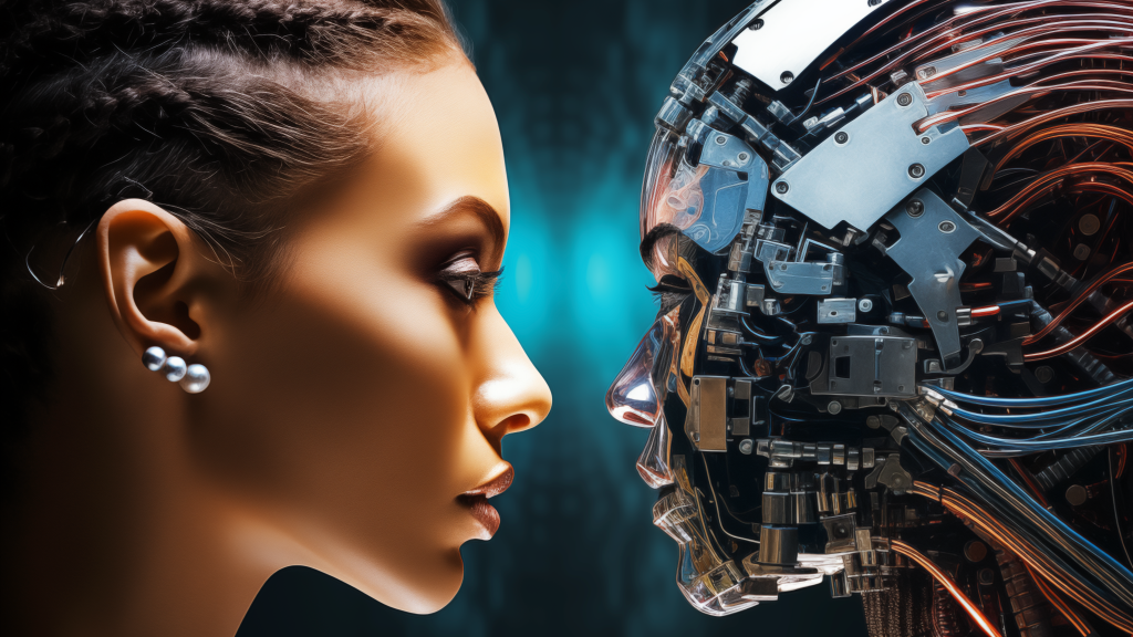 Black woman and robotic woman looking each other in the eye