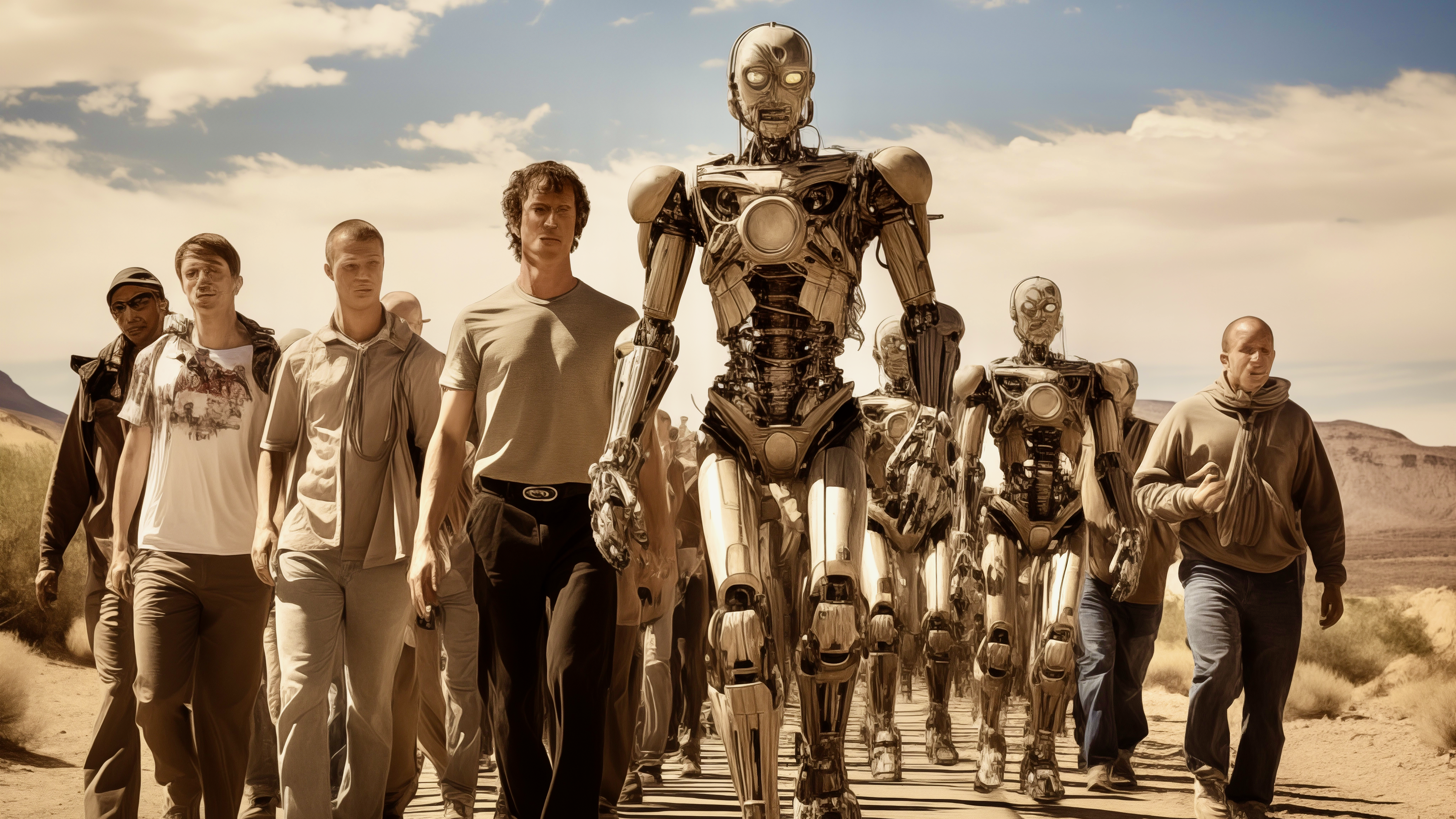 Group of humans and humanoid robots walking towards you on a dusty road