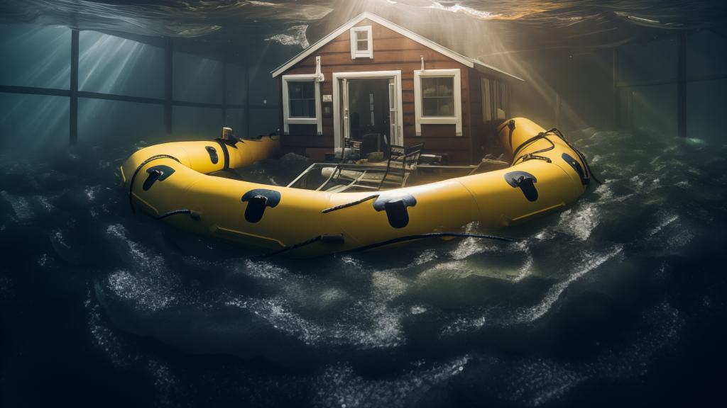 a typical us suburban home sitting inside a life raft on choppy seas