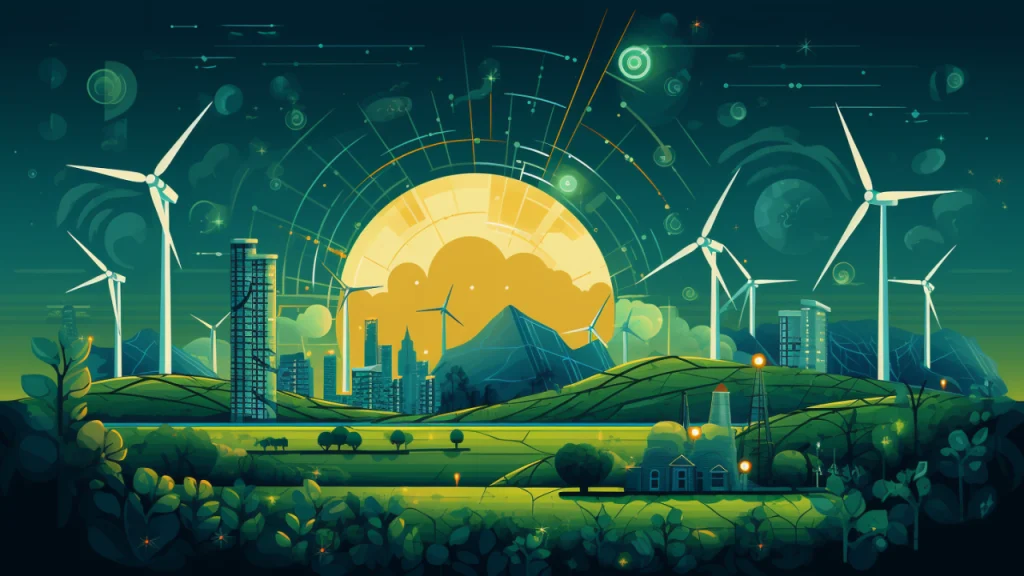 Windmills in a green field with an oversized sun on the horizon|Abstract technology and nature imagery|Image of cities and technology|Agricultural fields and technology motifs|Person in profile