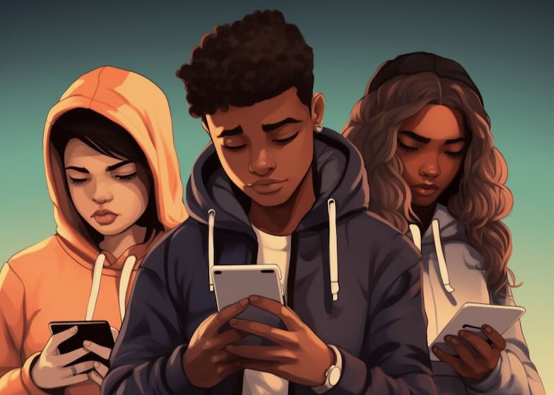 Three teenagers looking at their phones