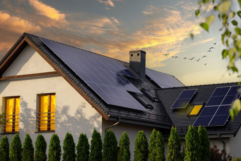 Solar panels on a house rooftop