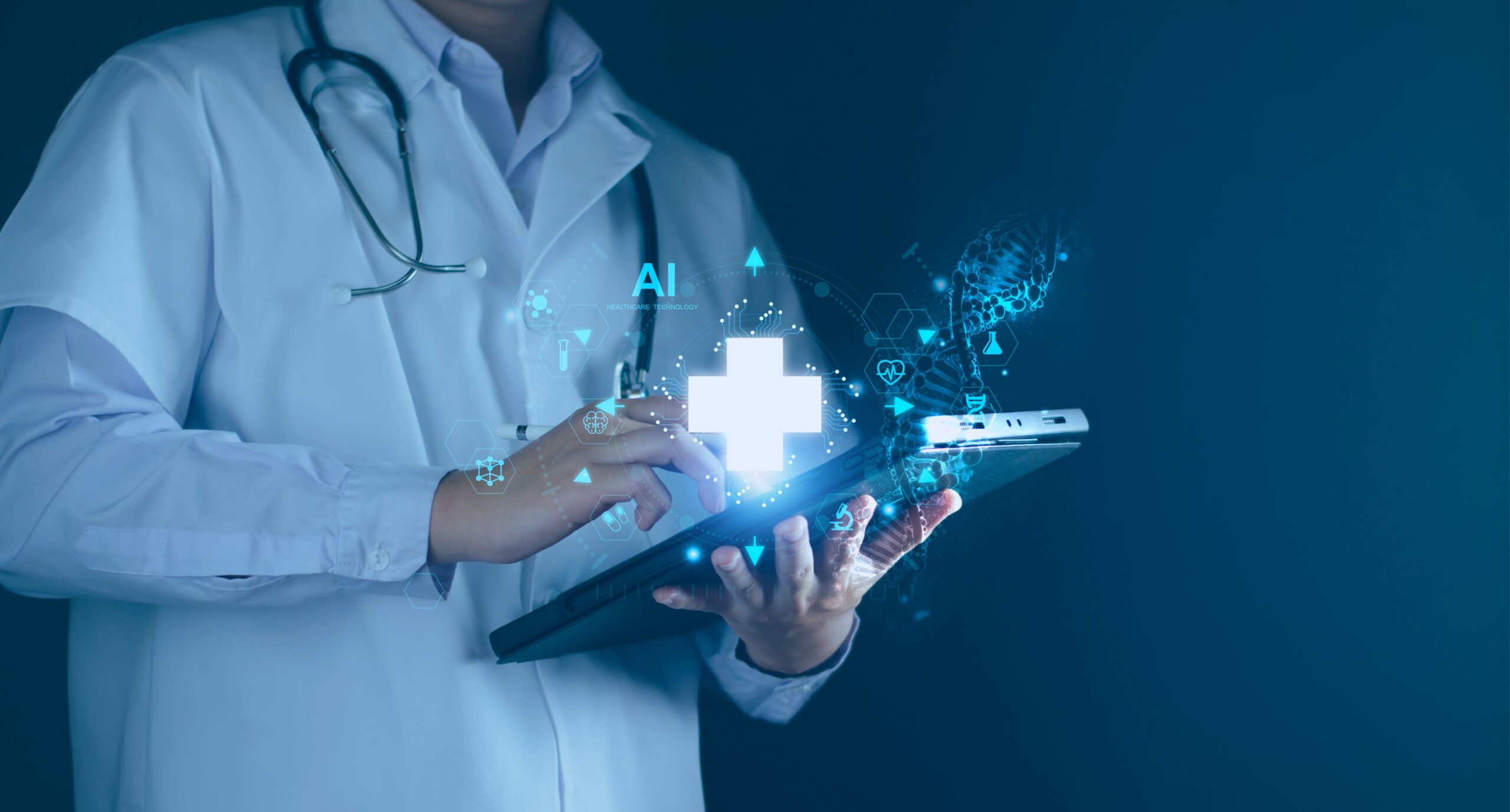 Doctor using tabled computer with illustrations signifying tech and AI