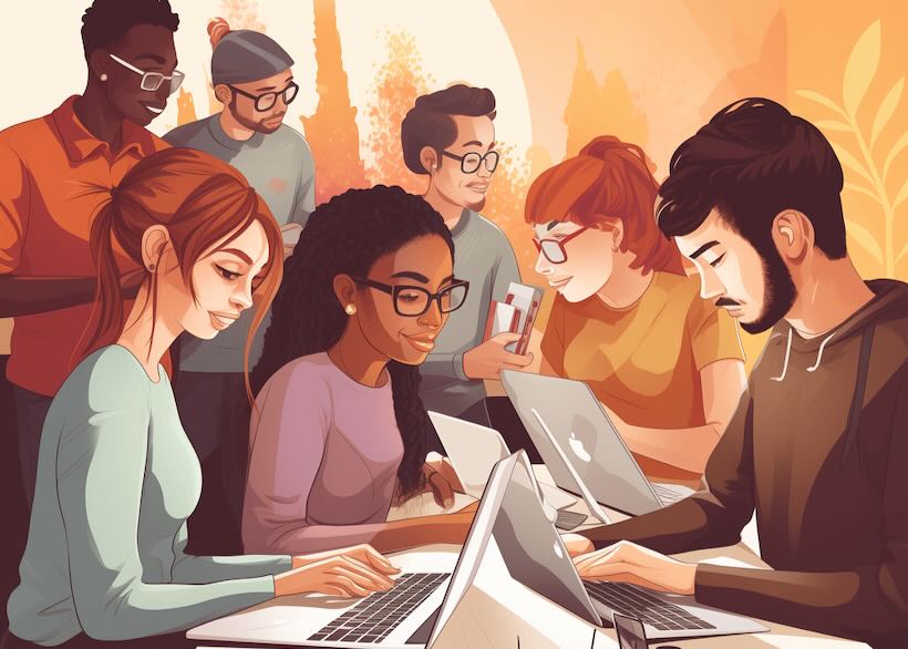 ethnically racially diverse group of people women and men working on computers, realistic cartoon style warm color tones