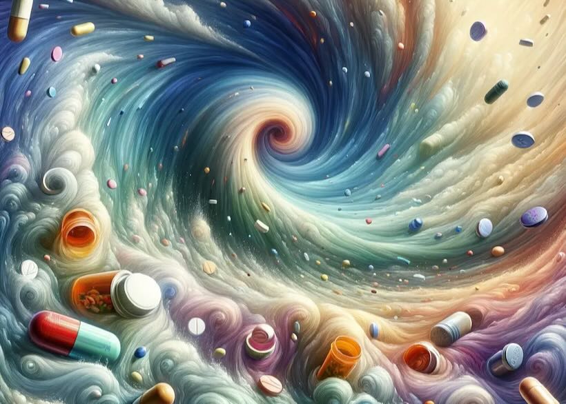 Pills swirling in a vortex of multicolor clouds