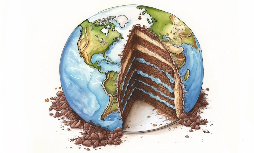 illustration of a cake in the shape of the earth a globe, with a slice cut out