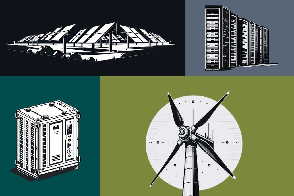 Illustrations representing tech industry and green energy sources
